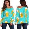 Beer Blue Pattern Print Women Off Shoulder Sweatshirt-grizzshop