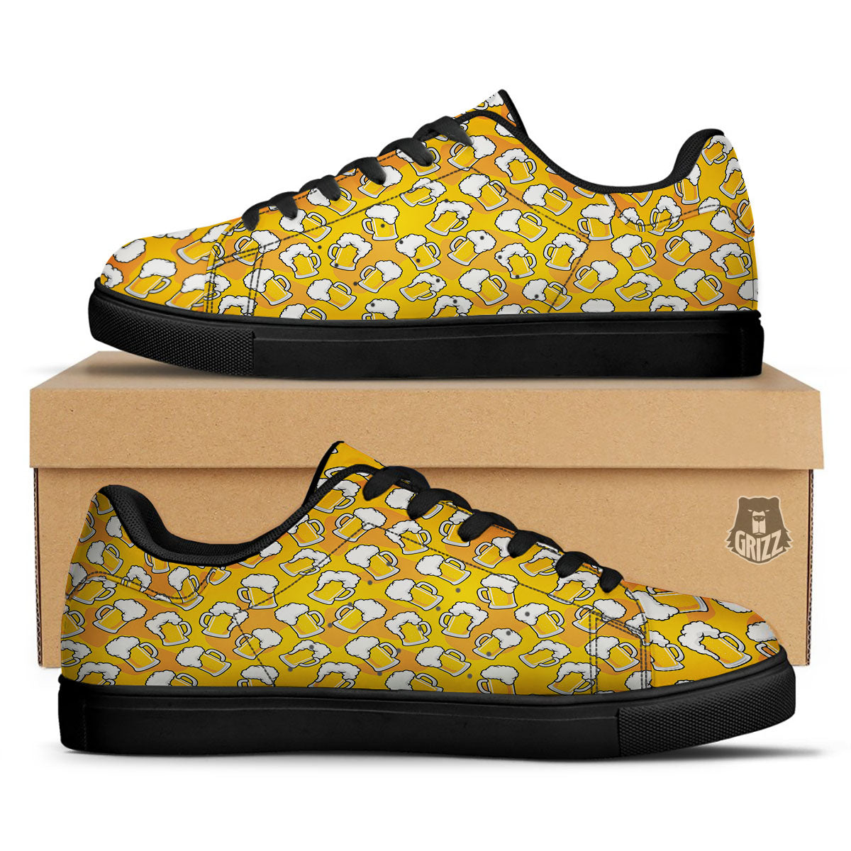 Beer Mug Pattern Print Black Low Top Sneakers-grizzshop