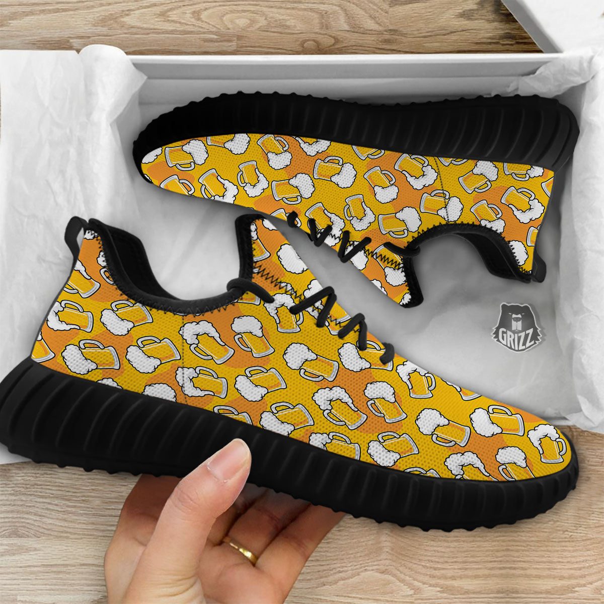 Beer Mug Pattern Print Black Walking Shoes-grizzshop