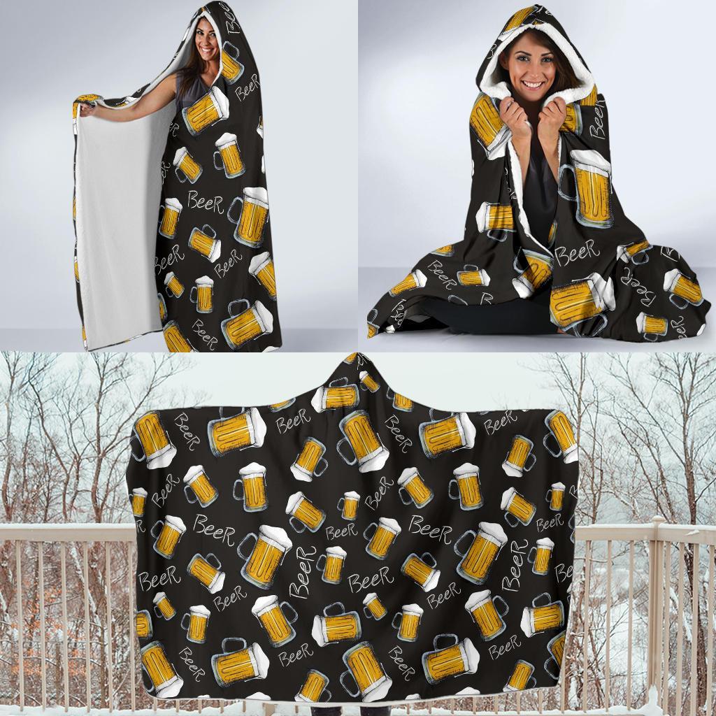 Beer Pattern Print Hooded Blanket-grizzshop