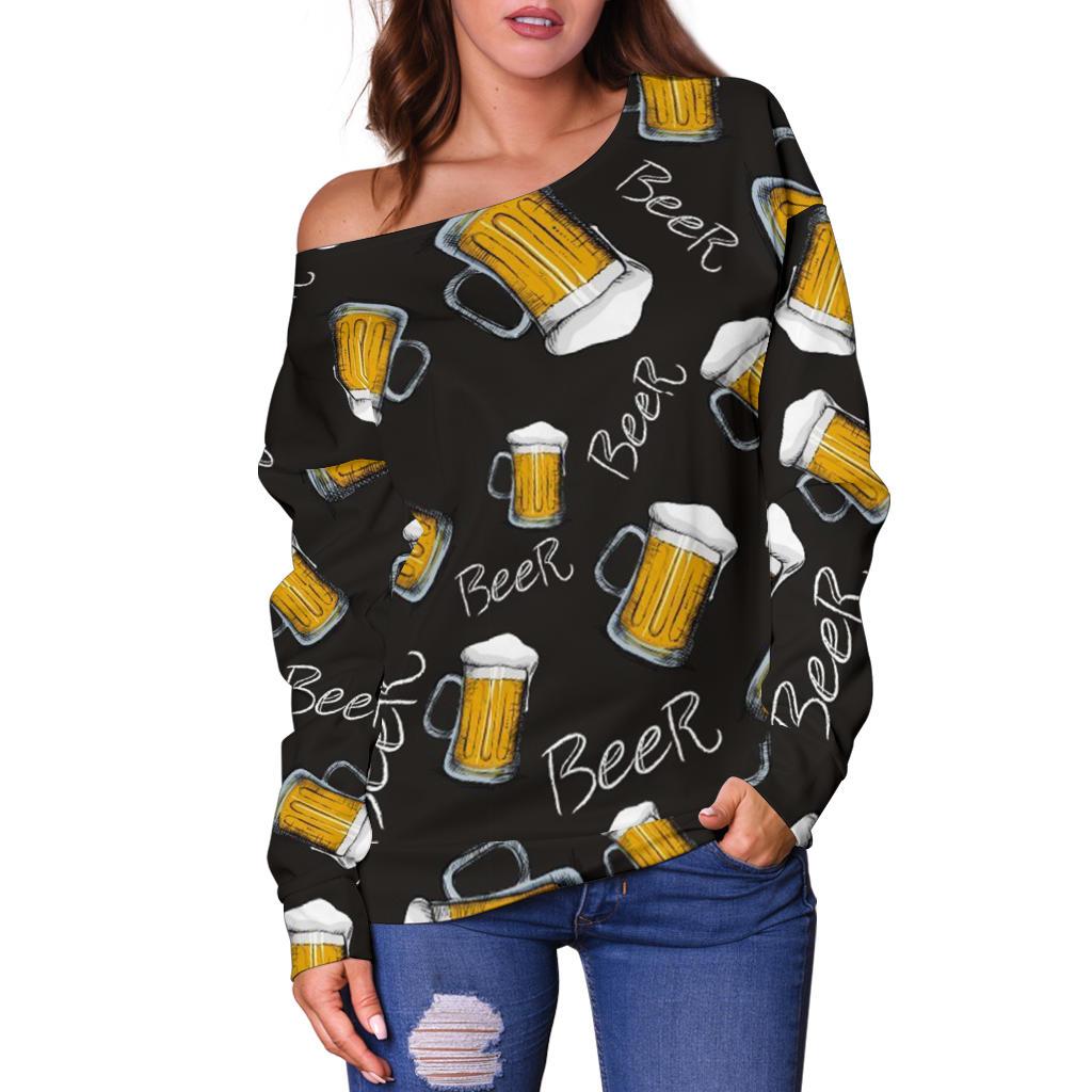 Beer Pattern Print Women Off Shoulder Sweatshirt-grizzshop