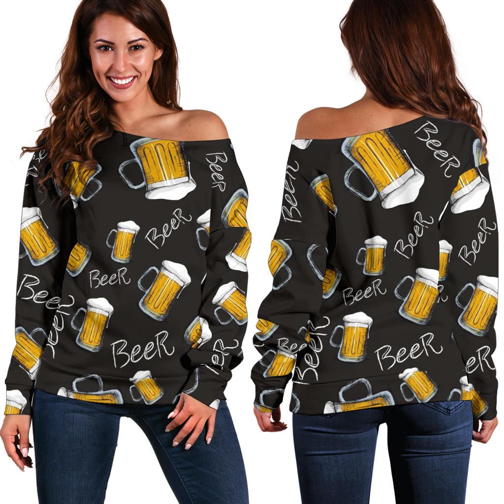 Beer Pattern Print Women Off Shoulder Sweatshirt-grizzshop