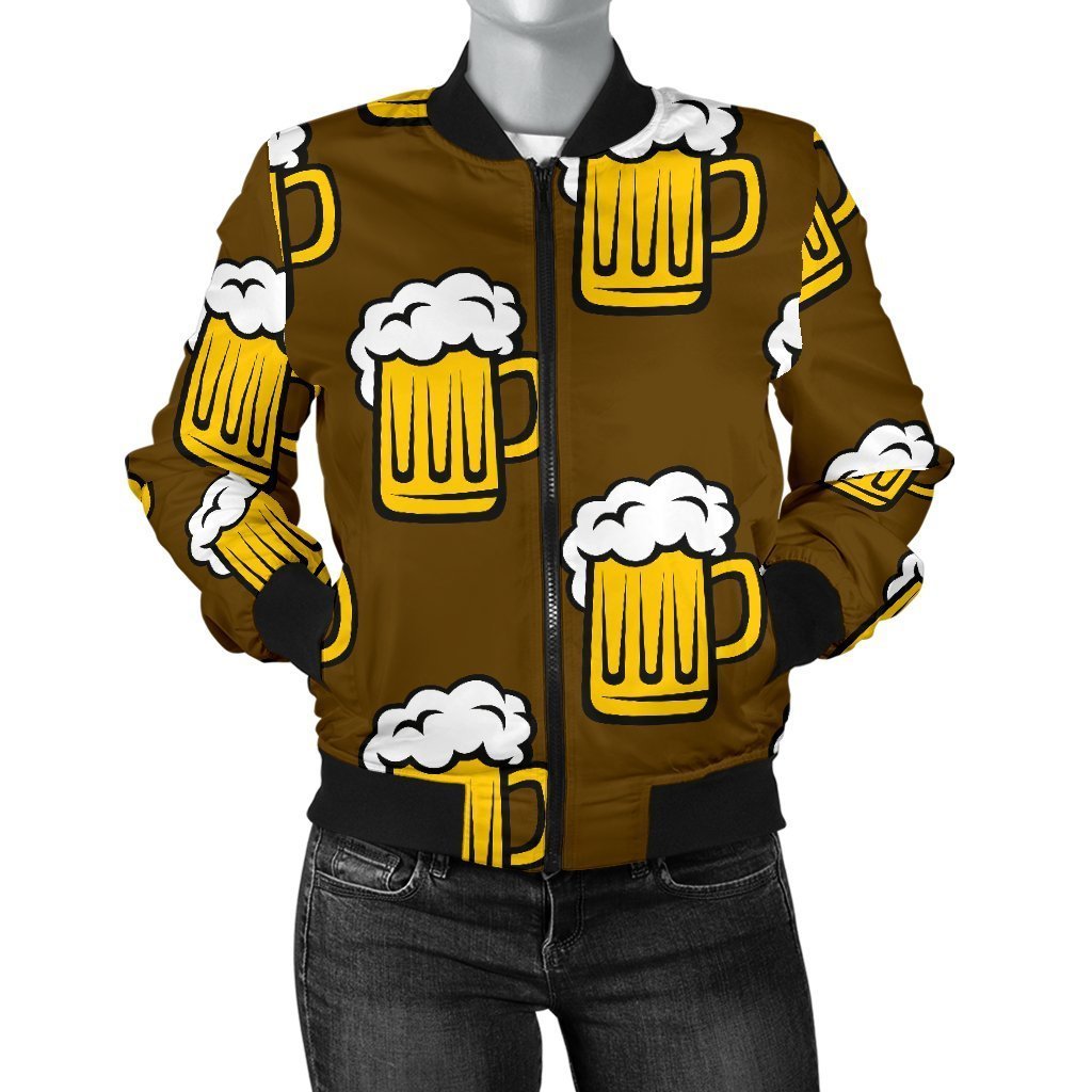Beer Print Pattern Women Casual Bomber Jacket-grizzshop