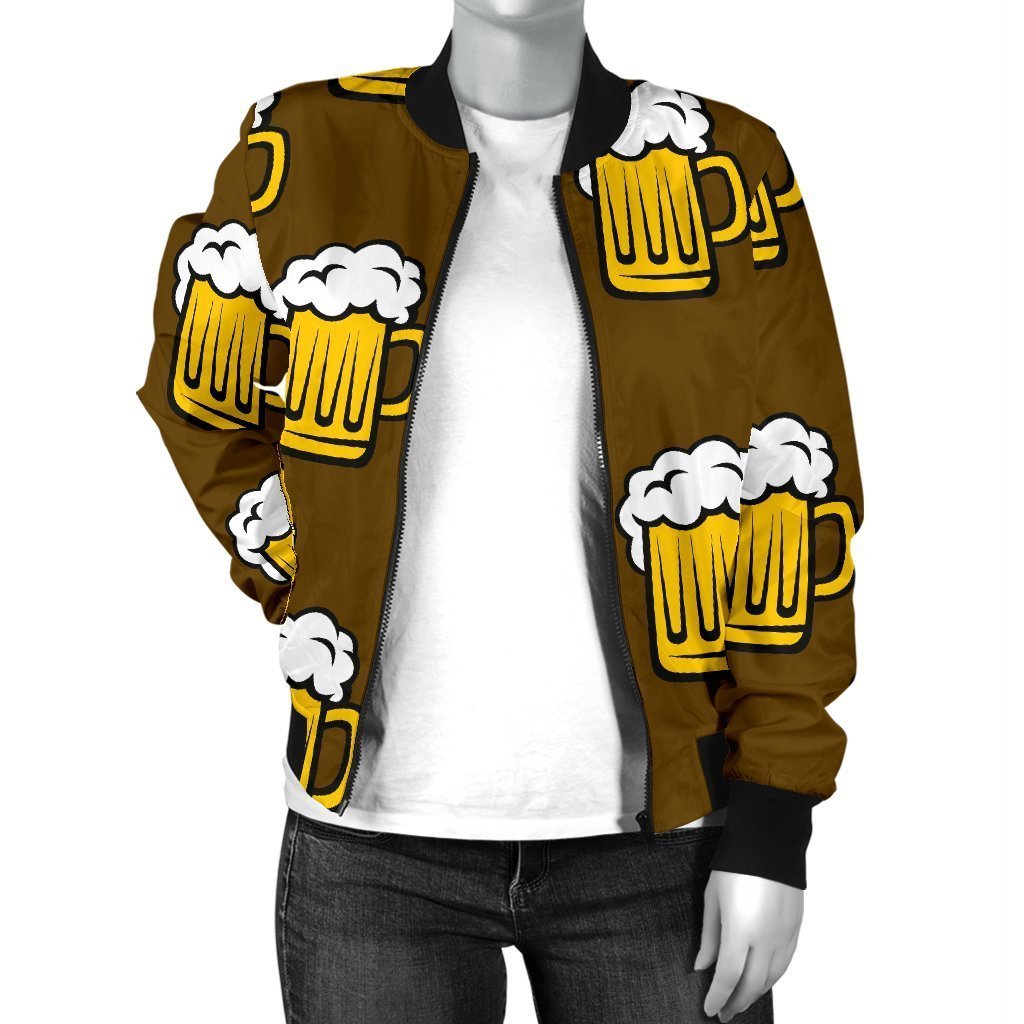 Beer Print Pattern Women Casual Bomber Jacket-grizzshop