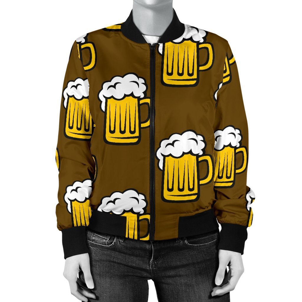 Beer Print Pattern Women Casual Bomber Jacket-grizzshop