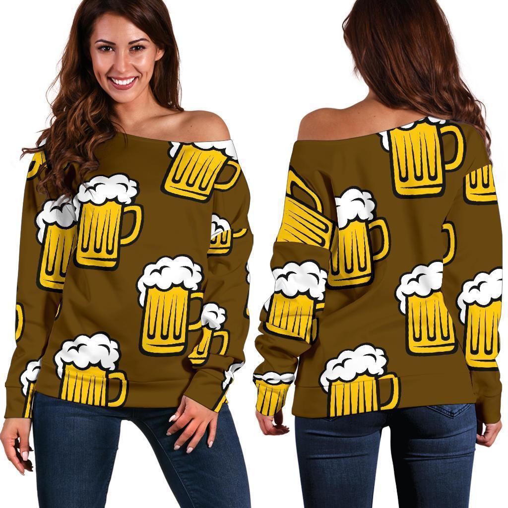 Beer Print Pattern Women Off Shoulder Sweatshirt-grizzshop