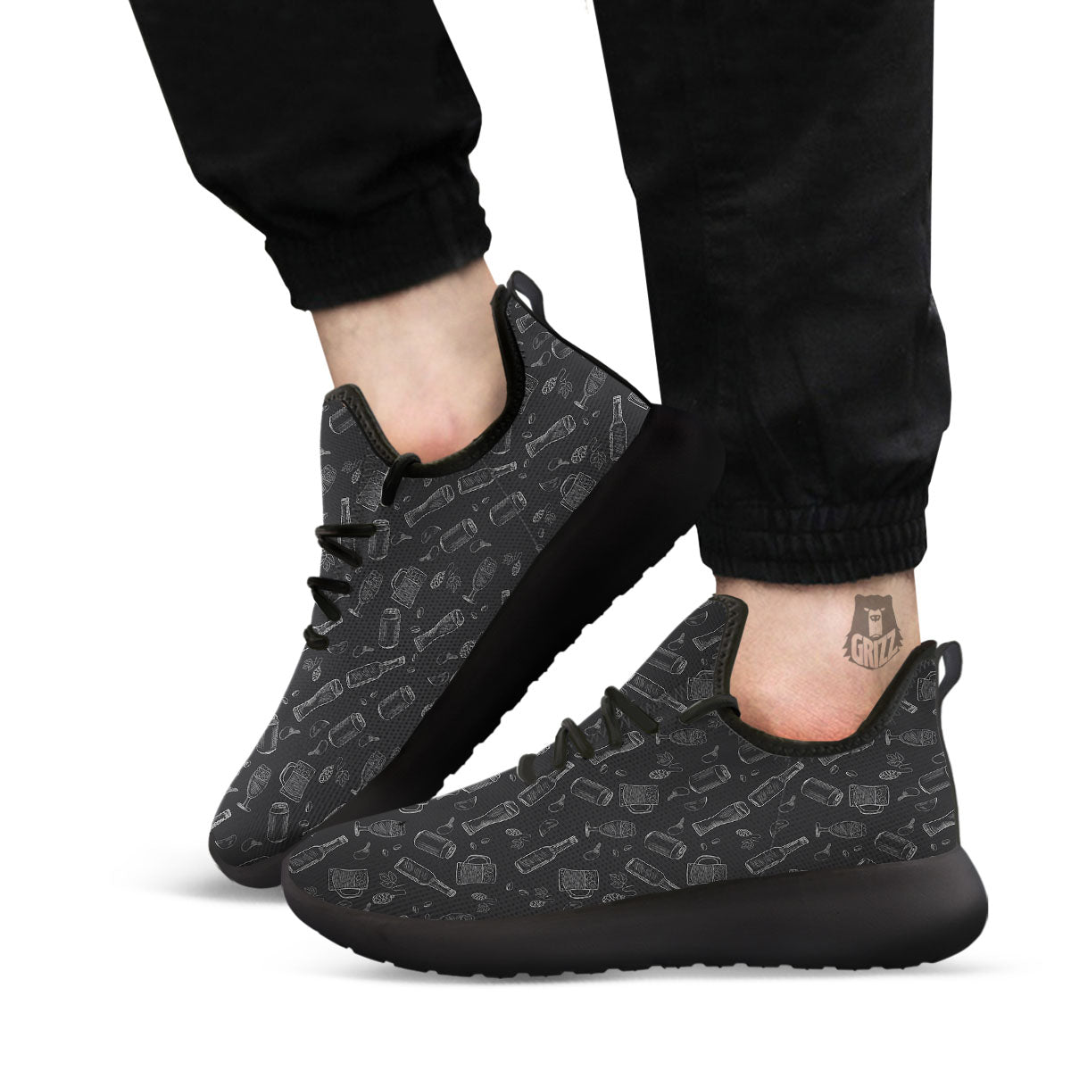 Beer White And Black Print Pattern Black Athletic Shoes-grizzshop