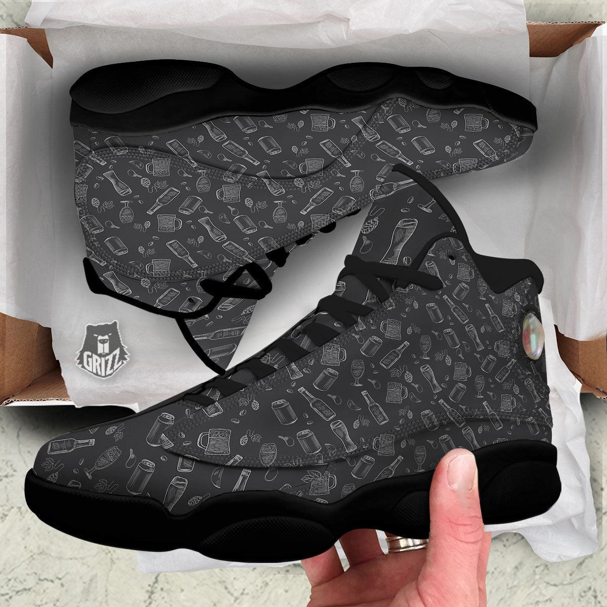 Beer White And Black Print Pattern Black Basketball Shoes-grizzshop