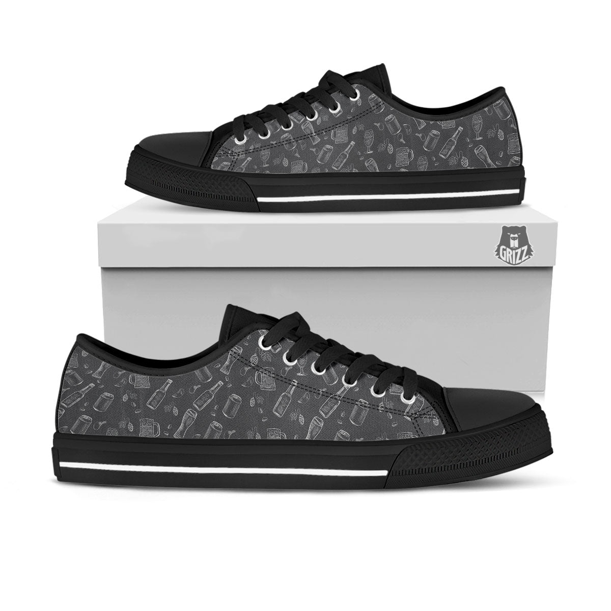 Beer White And Black Print Pattern Black Low Top Shoes-grizzshop