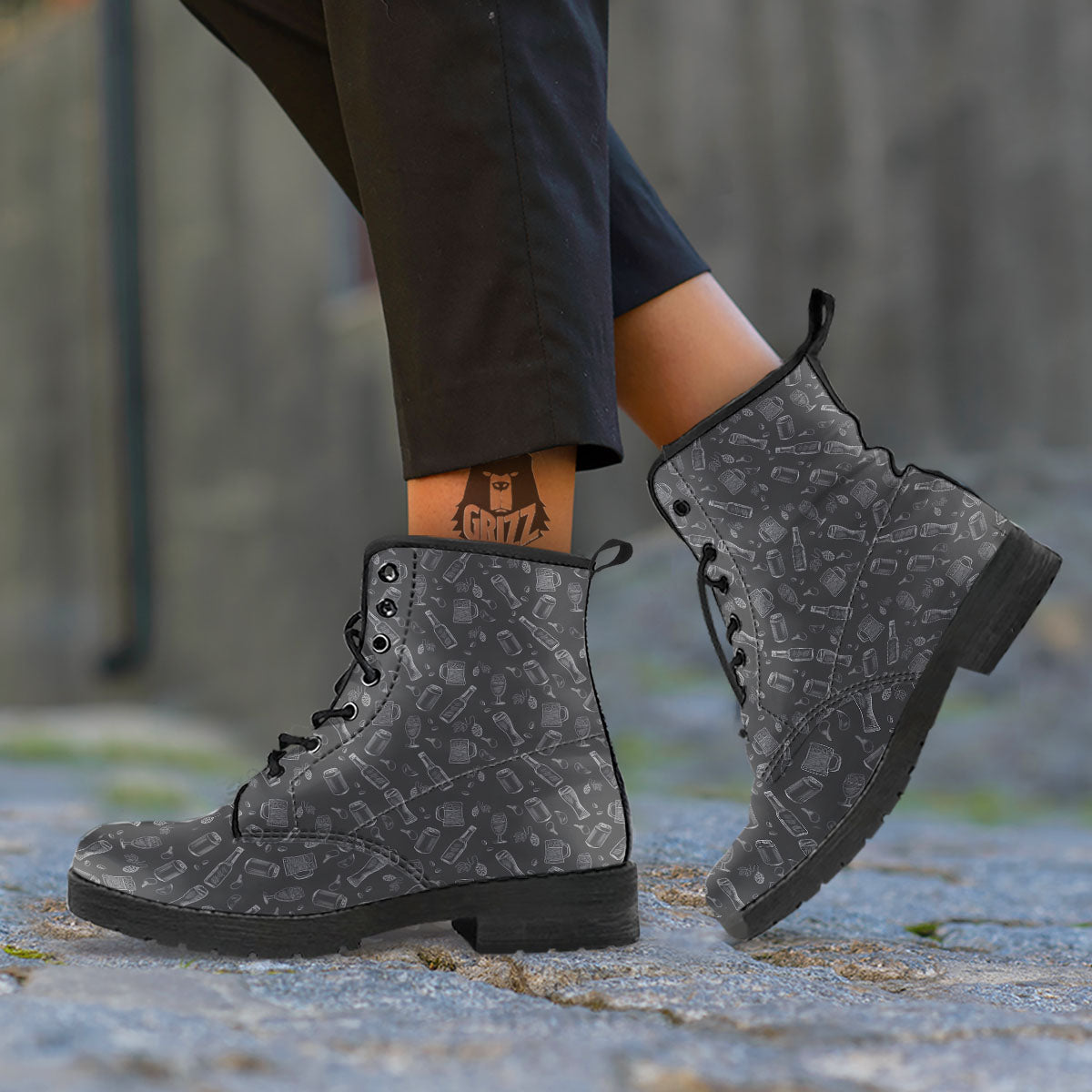 Beer White And Black Print Pattern Leather Boots-grizzshop