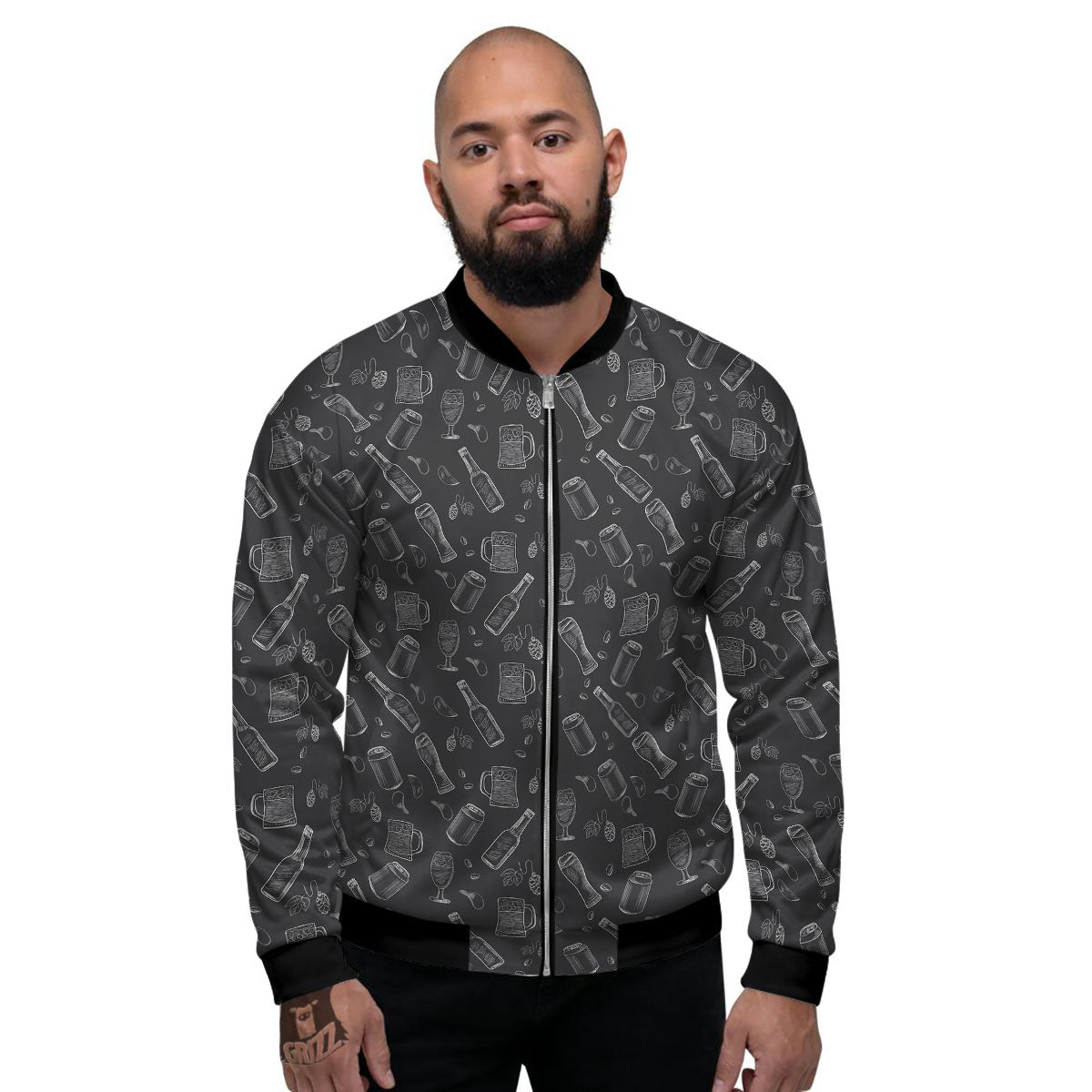Beer White And Black Print Pattern Men's Bomber Jacket-grizzshop
