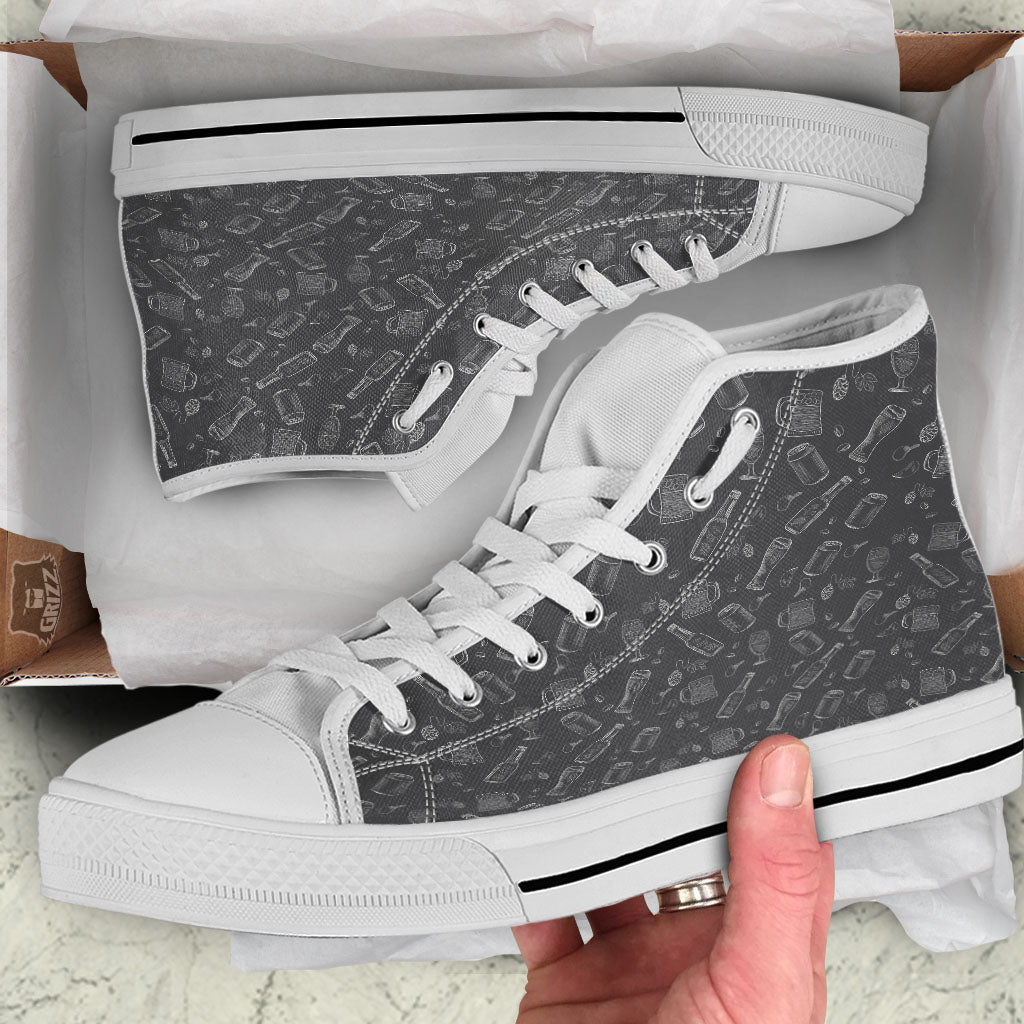 Beer White And Black Print Pattern White High Top Shoes-grizzshop