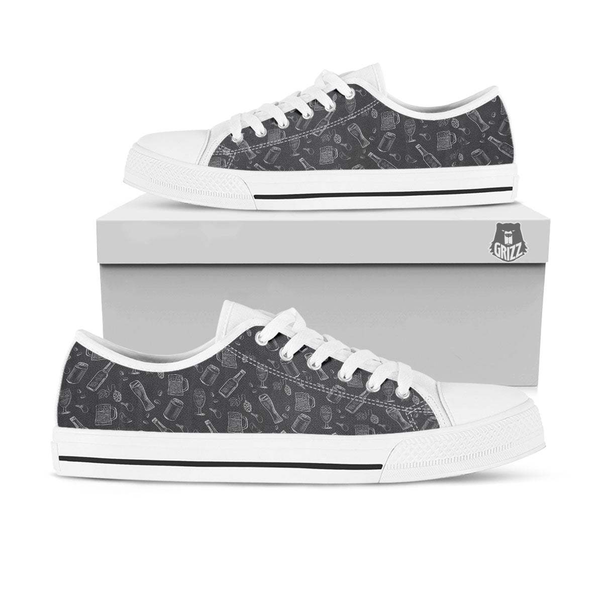 Beer White And Black Print Pattern White Low Top Shoes-grizzshop