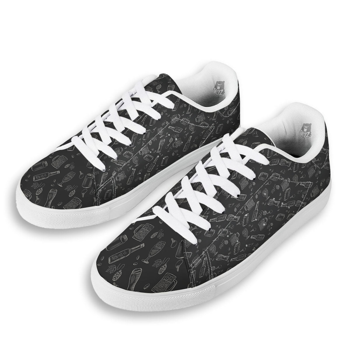 Beer White And Black Print Pattern White Low Top Sneakers-grizzshop