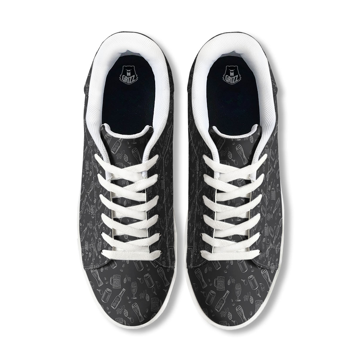 Beer White And Black Print Pattern White Low Top Sneakers-grizzshop