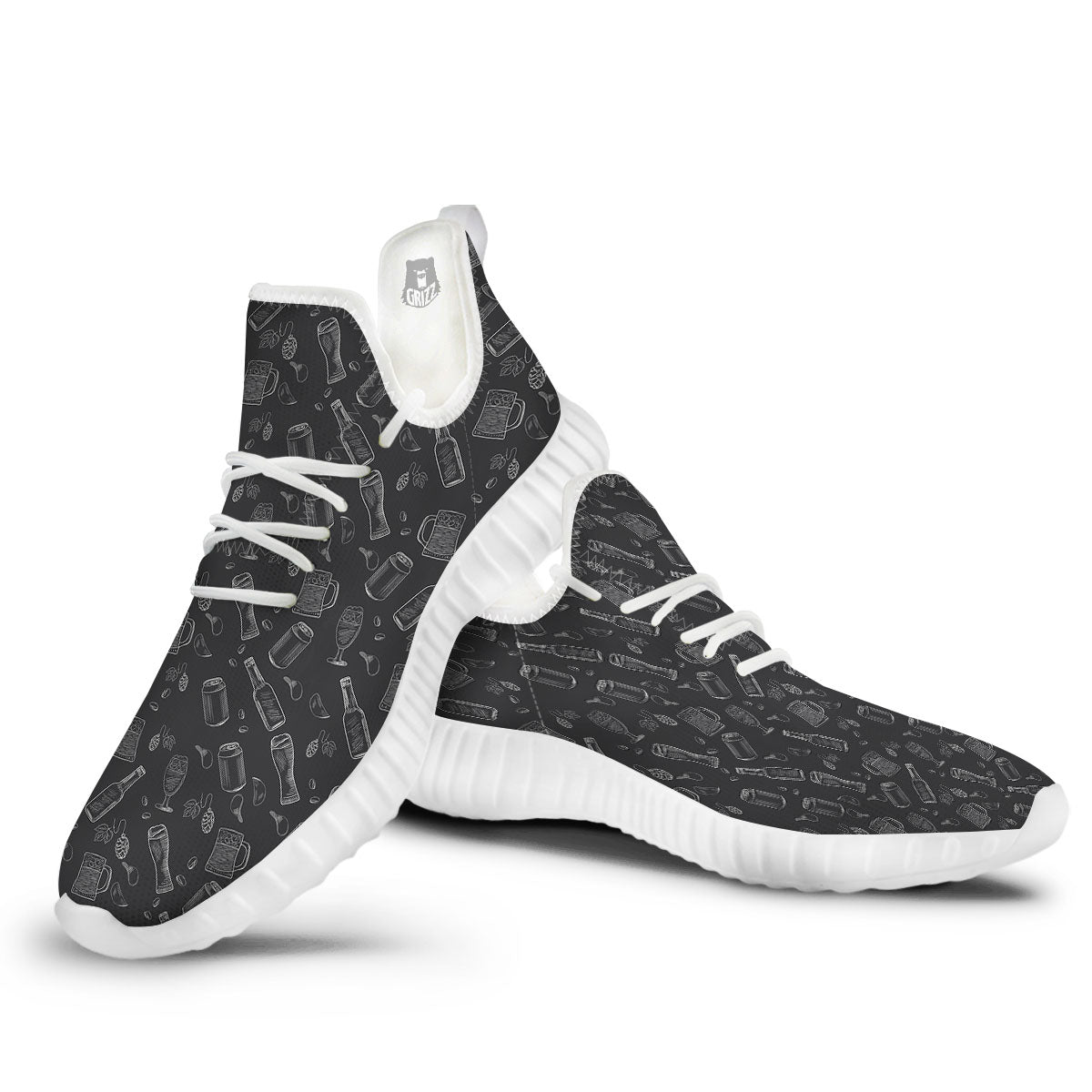 Beer White And Black Print Pattern White Walking Shoes-grizzshop