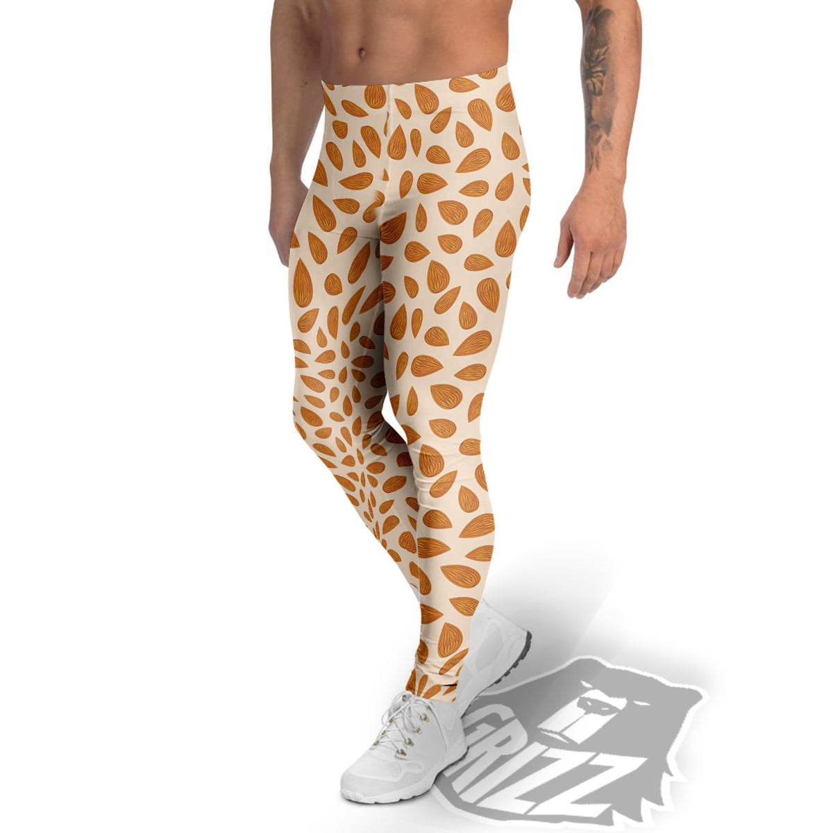 Beige Almond Print Pattern Men's Leggings-grizzshop