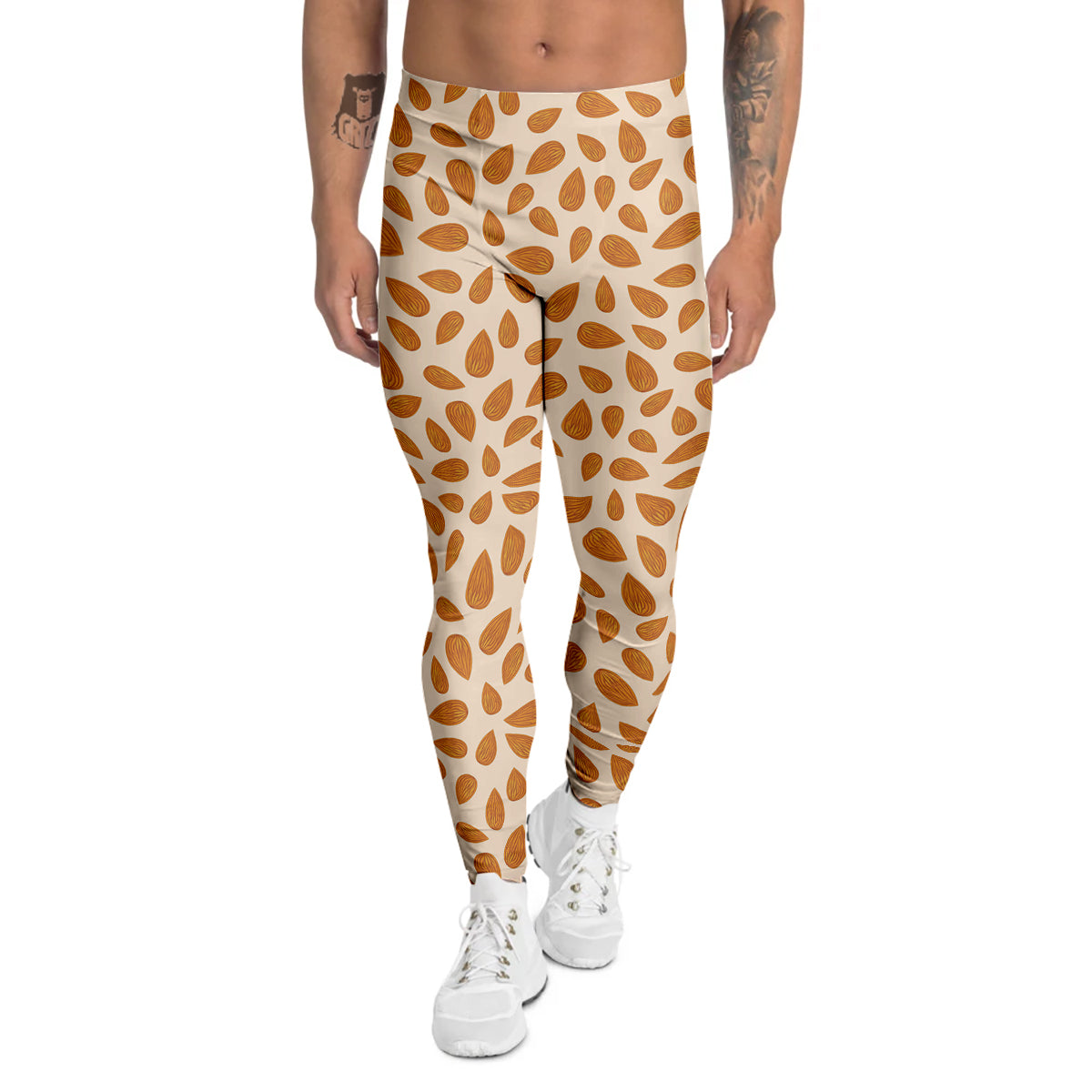 Beige Almond Print Pattern Men's Leggings-grizzshop