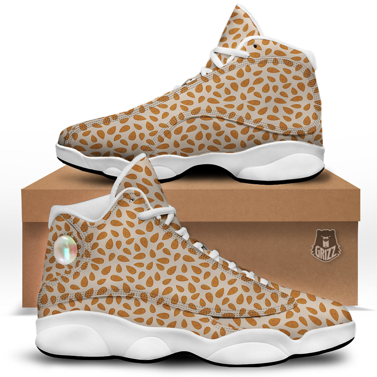 Beige Almond Print Pattern White Basketball Shoes-grizzshop