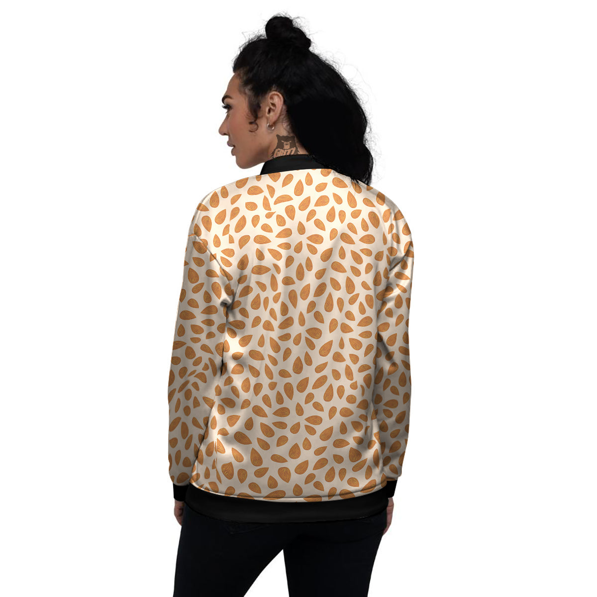 Beige Almond Print Pattern Women's Bomber Jacket-grizzshop