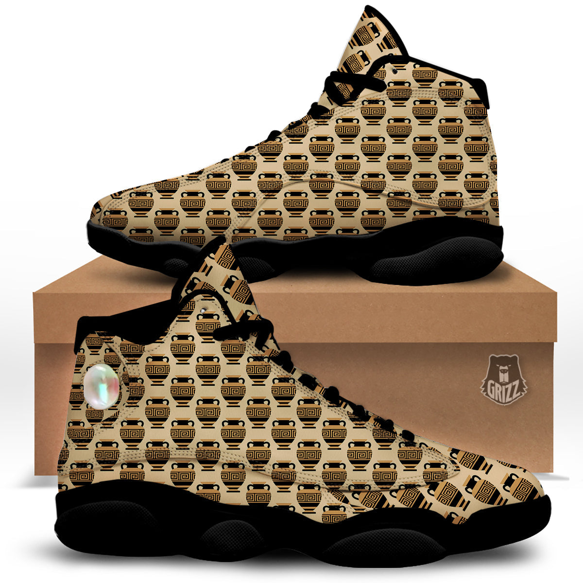 Beige Amphora Greek Print Pattern Black Basketball Shoes-grizzshop