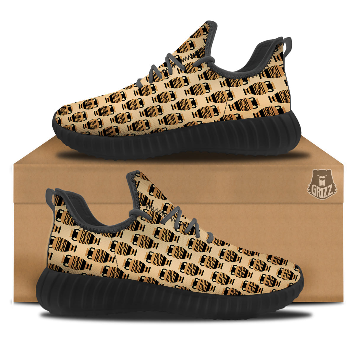 Beige Amphora Greek Print Pattern Black Walking Shoes-grizzshop