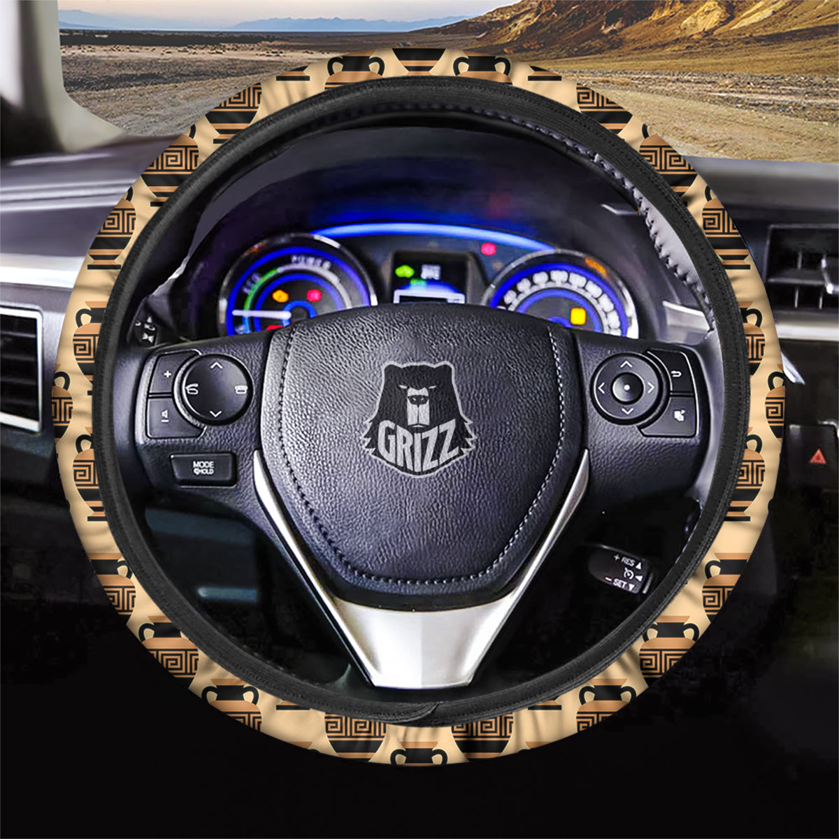 Beige Amphora Greek Print Pattern Car Steering Wheel Cover-grizzshop