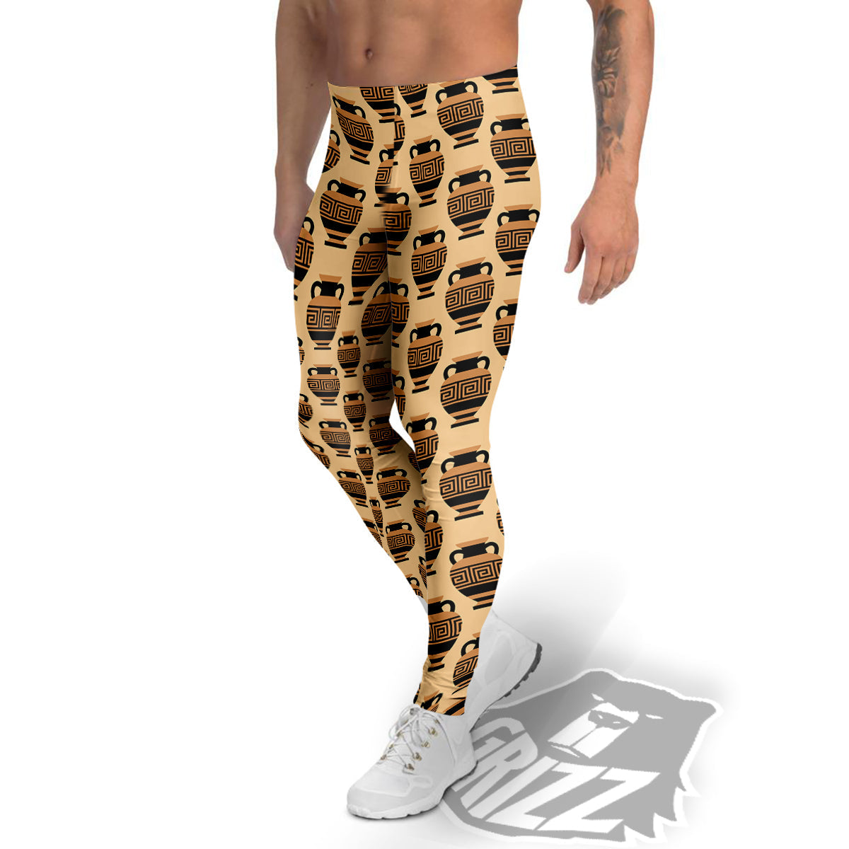 Beige Amphora Greek Print Pattern Men's Leggings-grizzshop