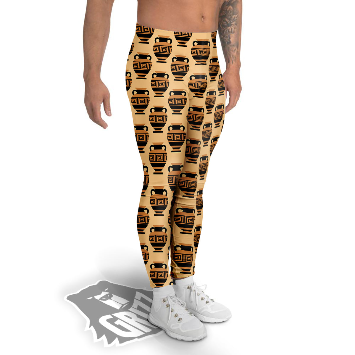 Beige Amphora Greek Print Pattern Men's Leggings-grizzshop