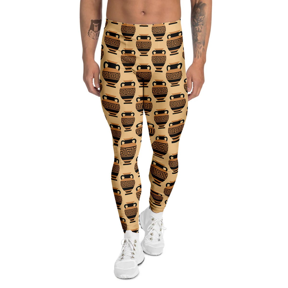 Beige Amphora Greek Print Pattern Men's Leggings-grizzshop