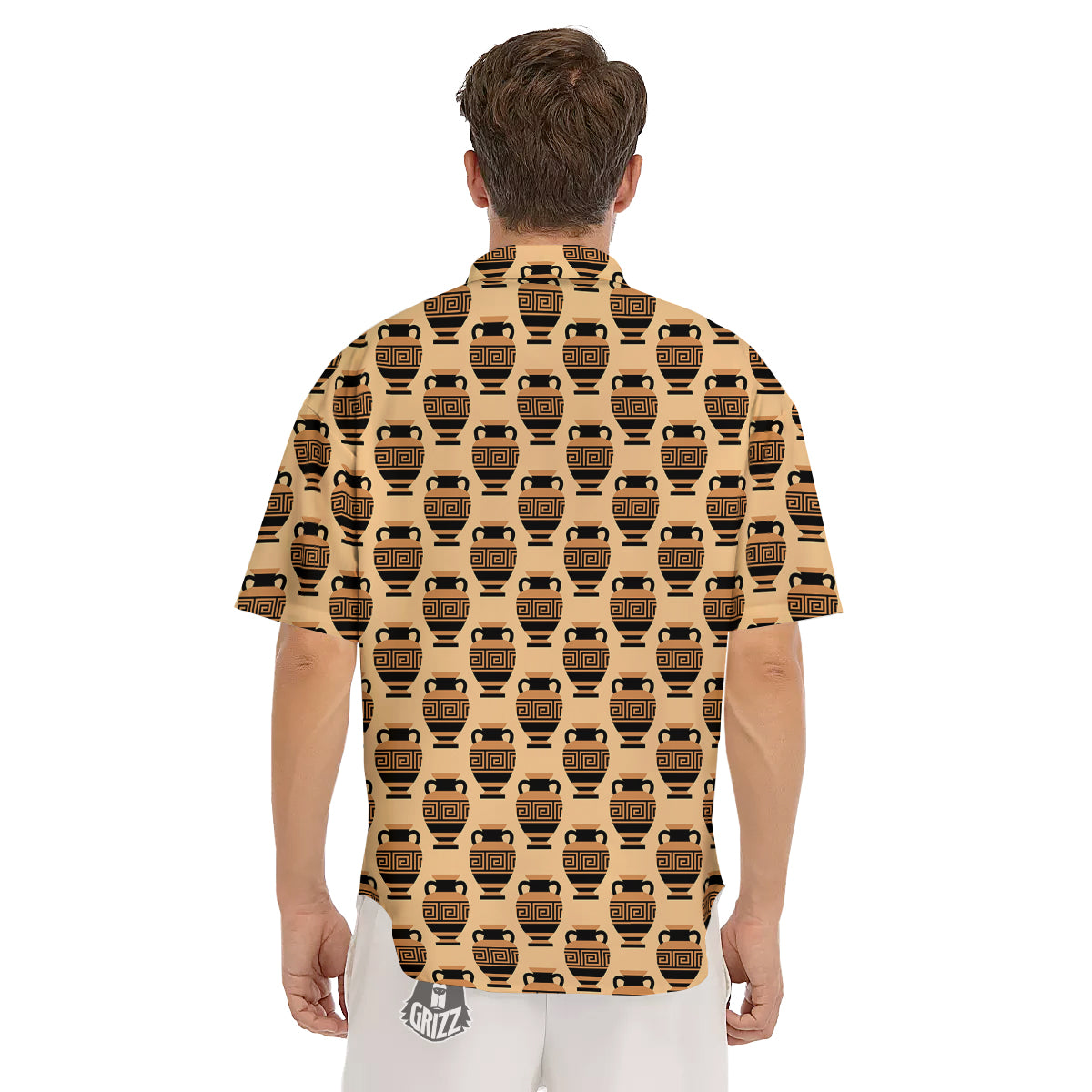 Beige Amphora Greek Print Pattern Men's Short Sleeve Shirts-grizzshop