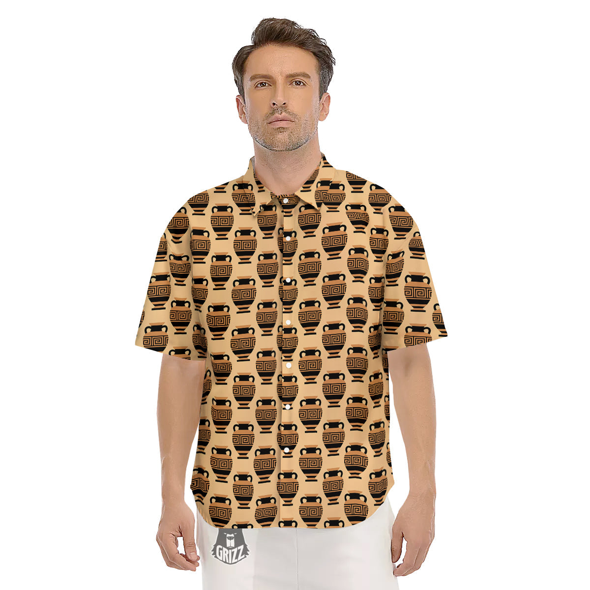 Beige Amphora Greek Print Pattern Men's Short Sleeve Shirts-grizzshop