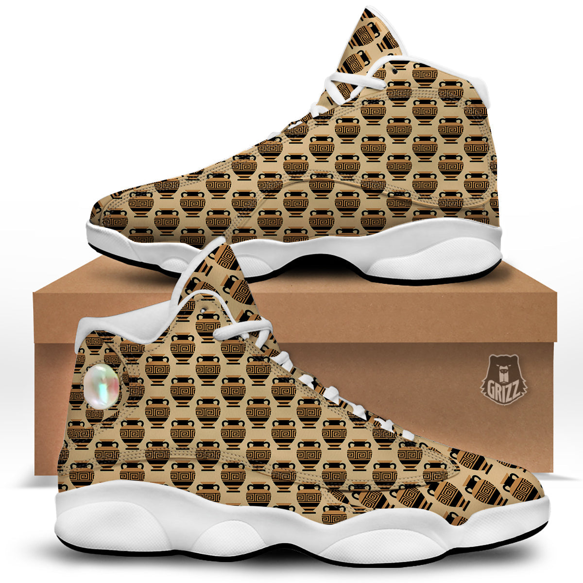 Beige Amphora Greek Print Pattern White Basketball Shoes-grizzshop