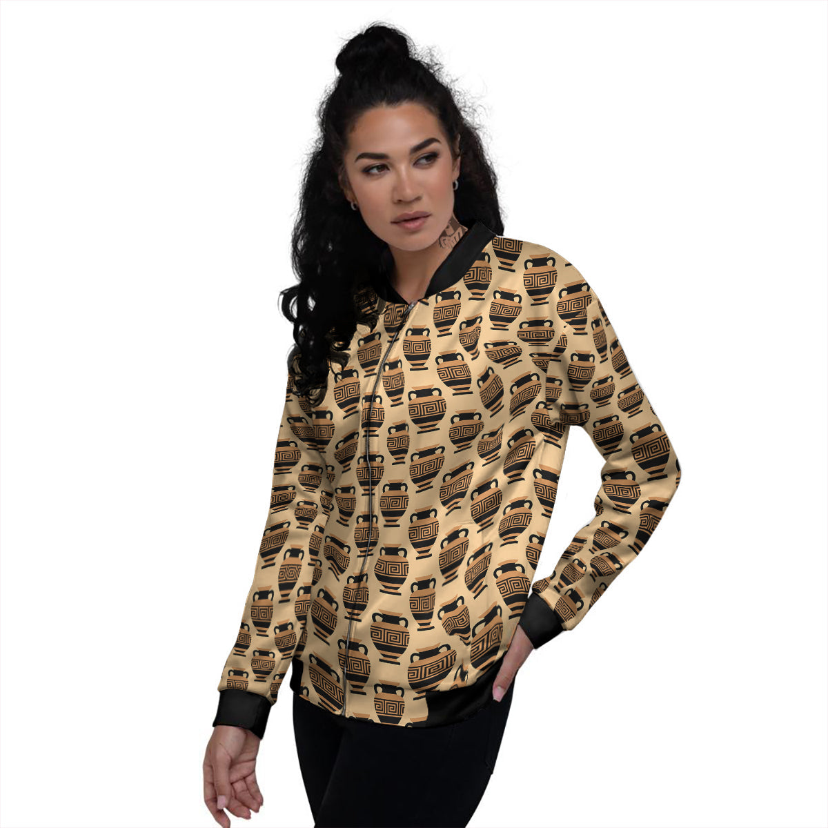 Beige Amphora Greek Print Pattern Women's Bomber Jacket-grizzshop