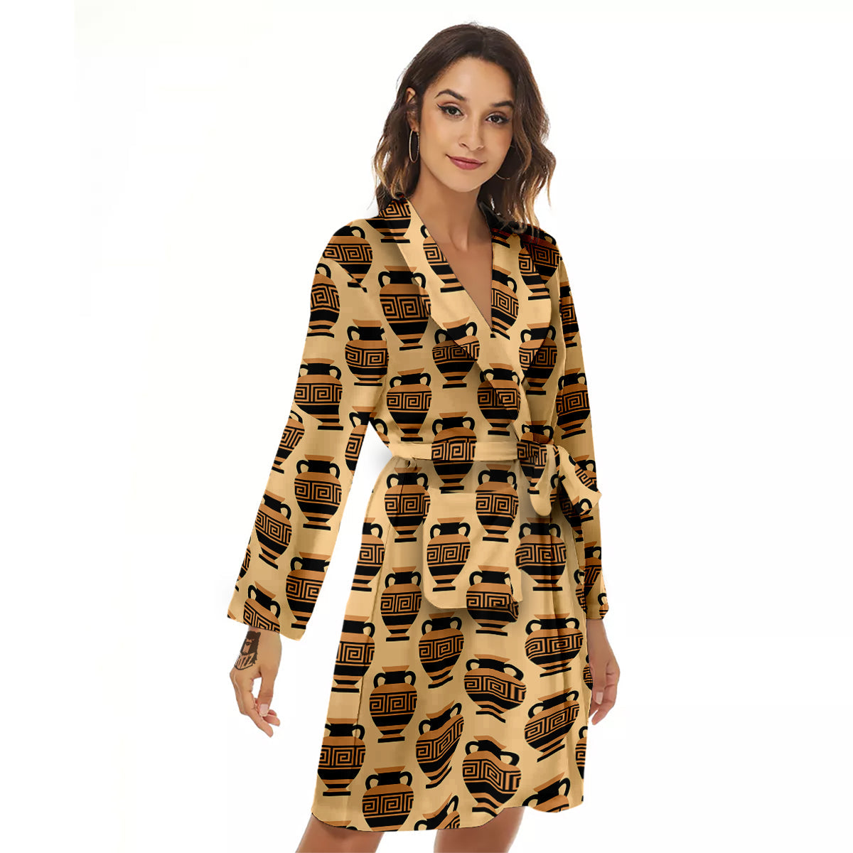 Beige Amphora Greek Print Pattern Women's Robe-grizzshop
