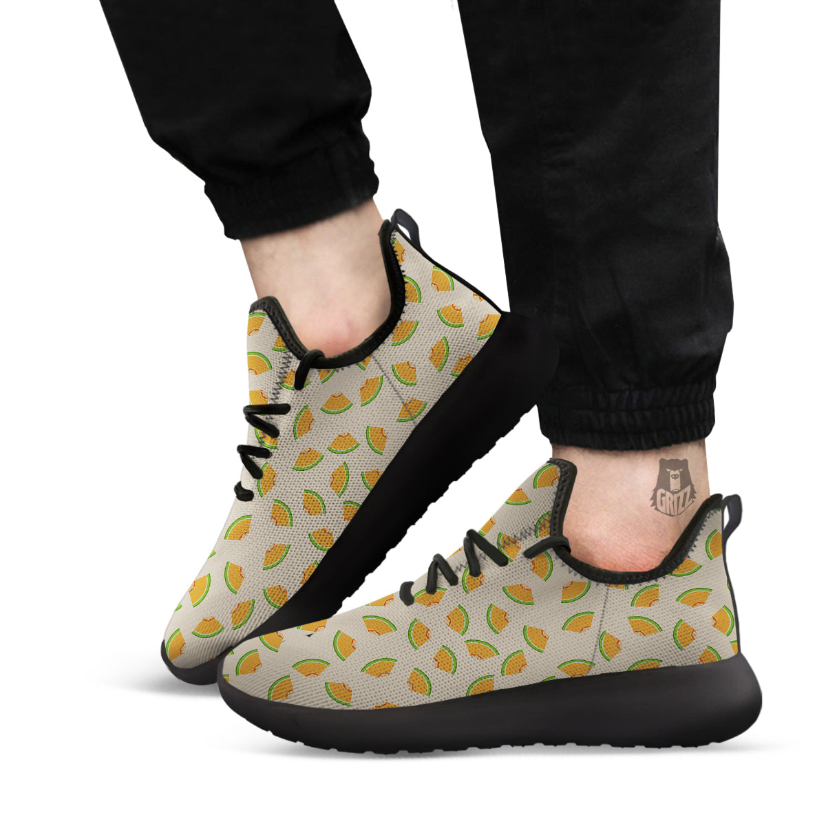 Beige And Melon Print Pattern Black Athletic Shoes-grizzshop