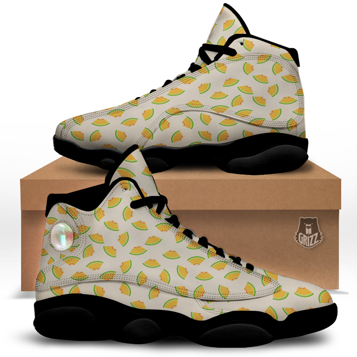 Beige And Melon Print Pattern Black Basketball Shoes-grizzshop