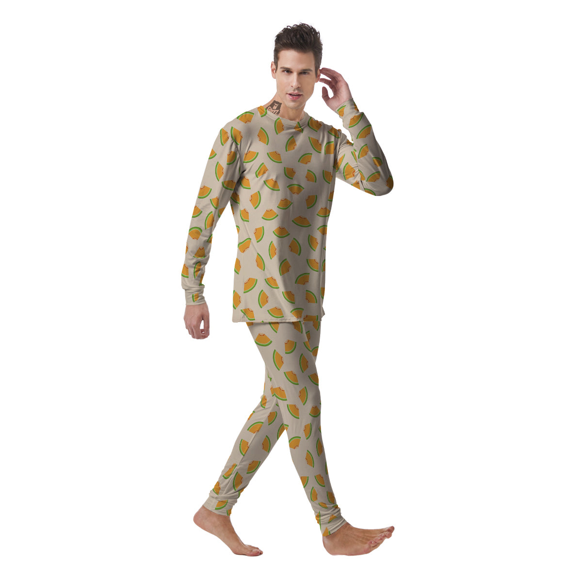 Beige And Melon Print Pattern Men's Pajamas-grizzshop