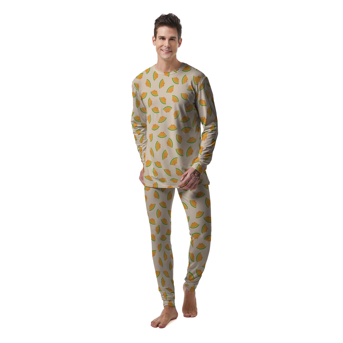 Beige And Melon Print Pattern Men's Pajamas-grizzshop