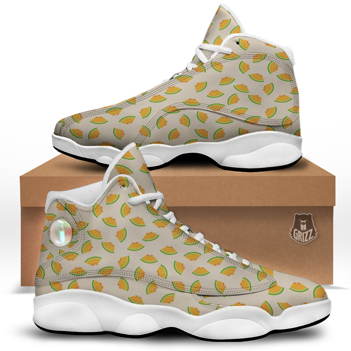 Beige And Melon Print Pattern White Basketball Shoes-grizzshop