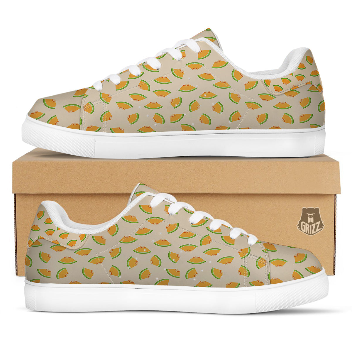 Beige And Melon Print Pattern White Low Top Sneakers-grizzshop