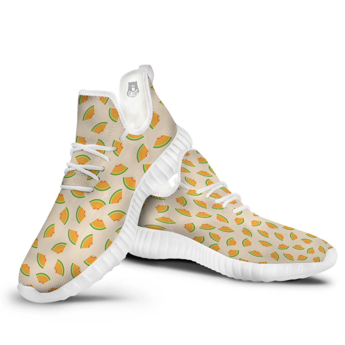 Beige And Melon Print Pattern White Walking Shoes-grizzshop