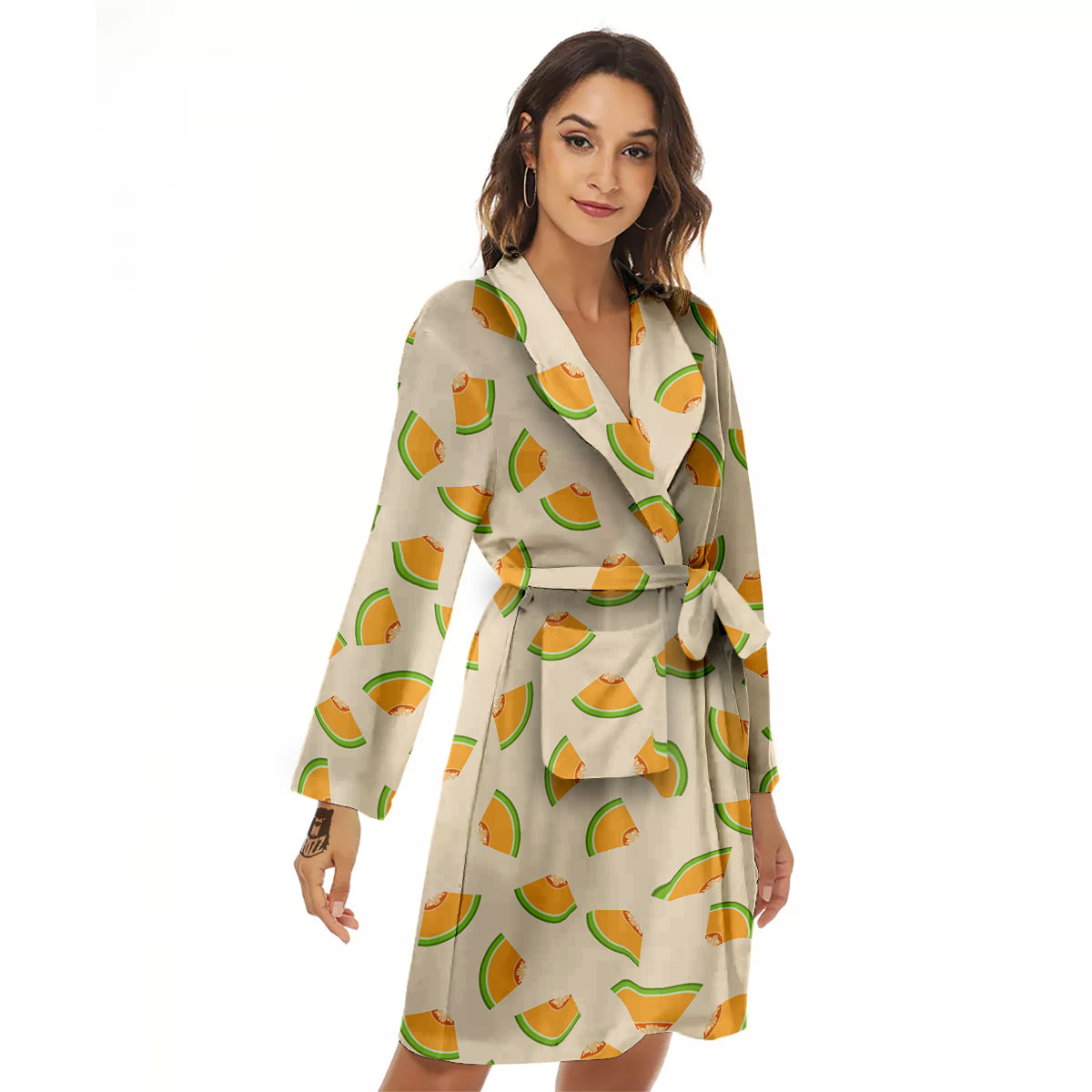 Beige And Melon Print Pattern Women's Robe-grizzshop