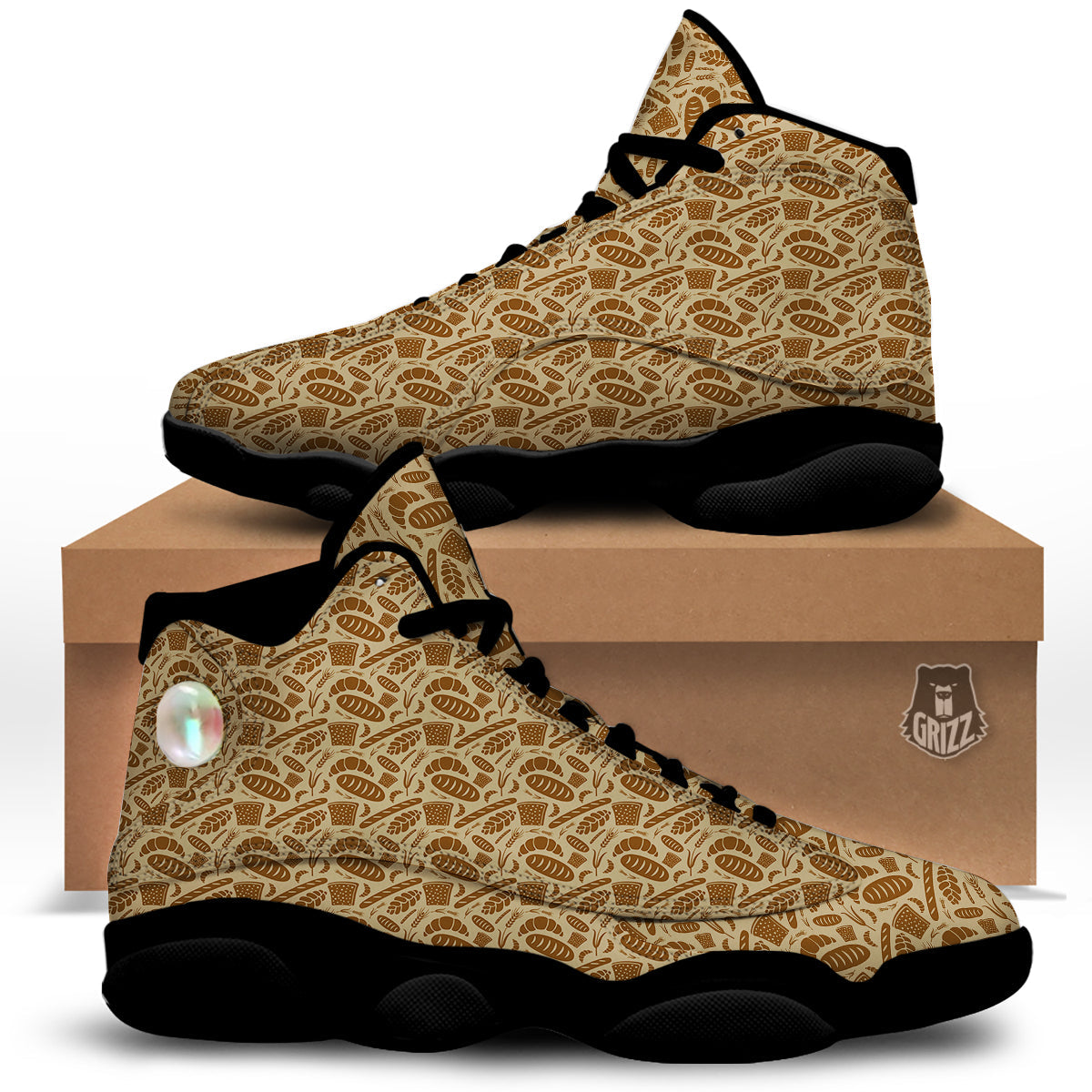 Beige Brown Bakery Print Pattern Black Basketball Shoes-grizzshop