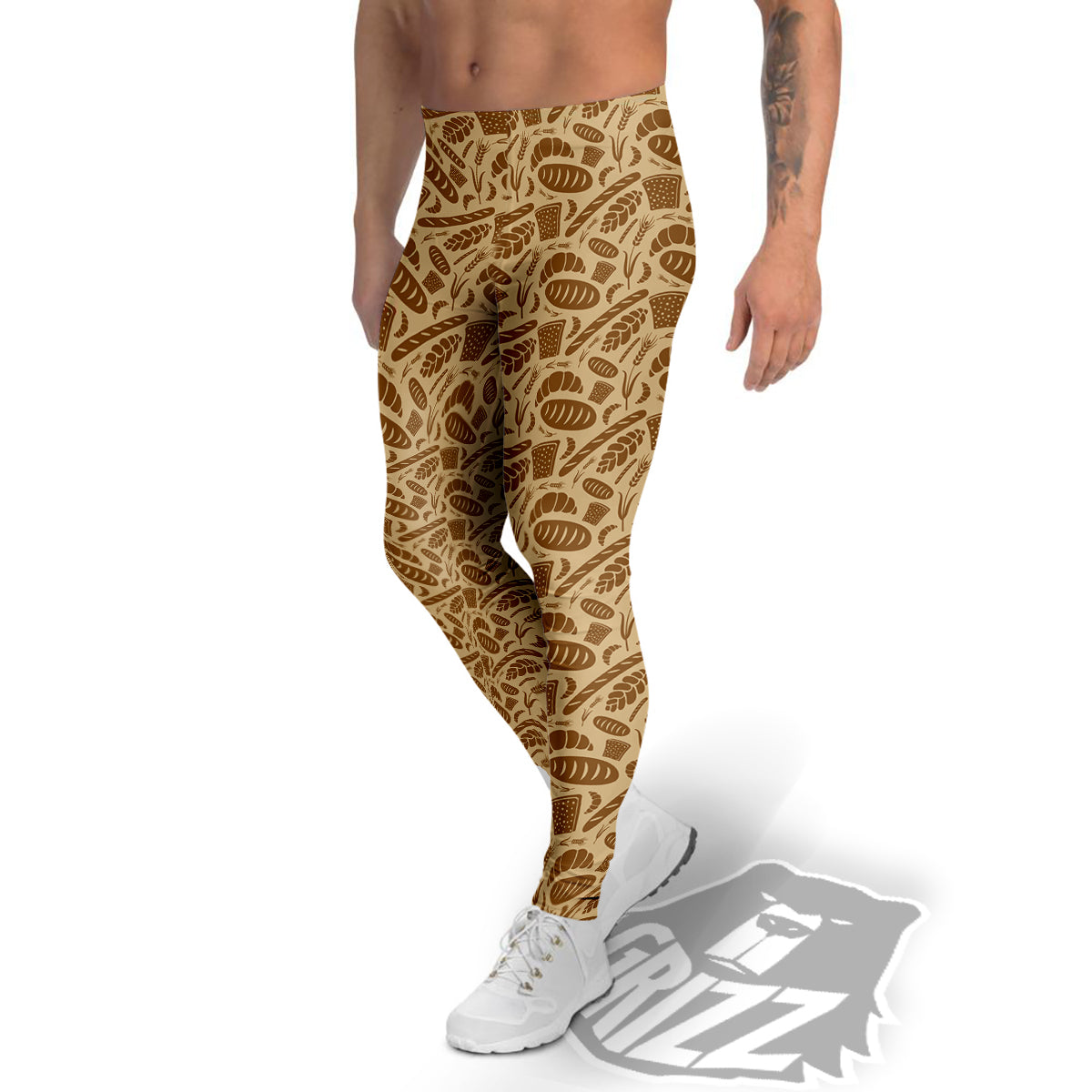 Beige Brown Bakery Print Pattern Men's Leggings-grizzshop