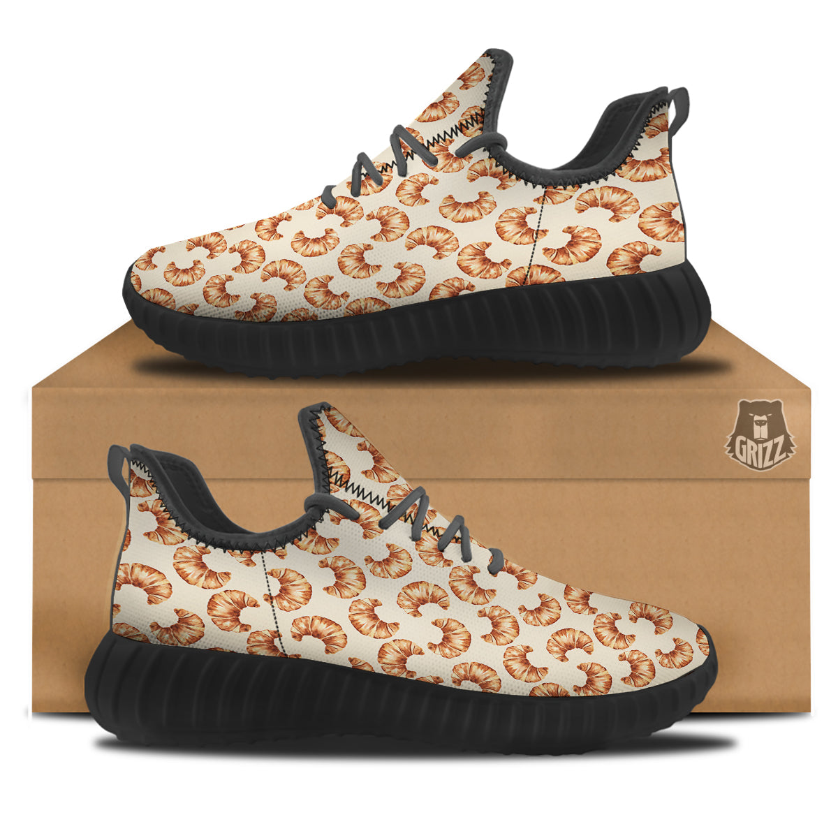 Beige Croissant Watercolor Print Pattern Black Walking Shoes-grizzshop