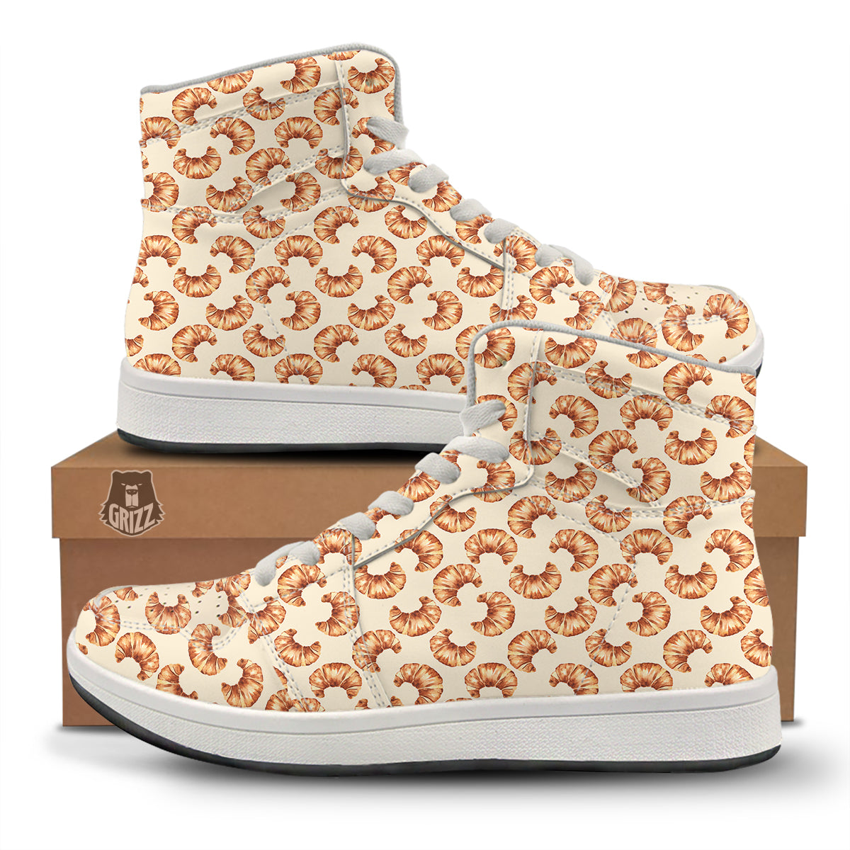Beige Croissant Watercolor Print Pattern High Top Sneakers-grizzshop