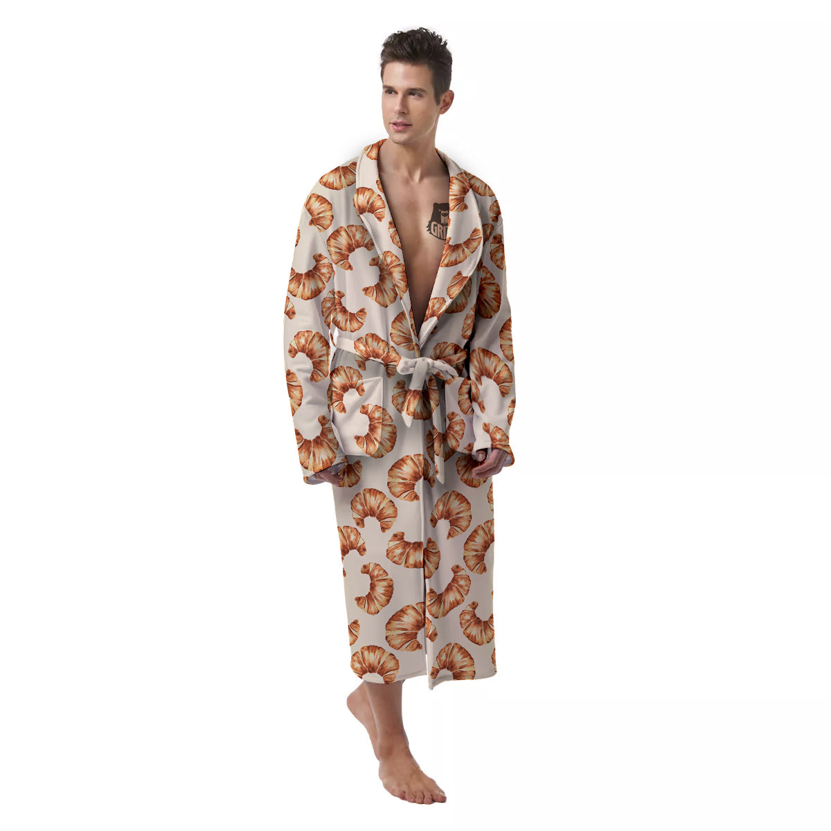 Beige Croissant Watercolor Print Pattern Men's Robe-grizzshop