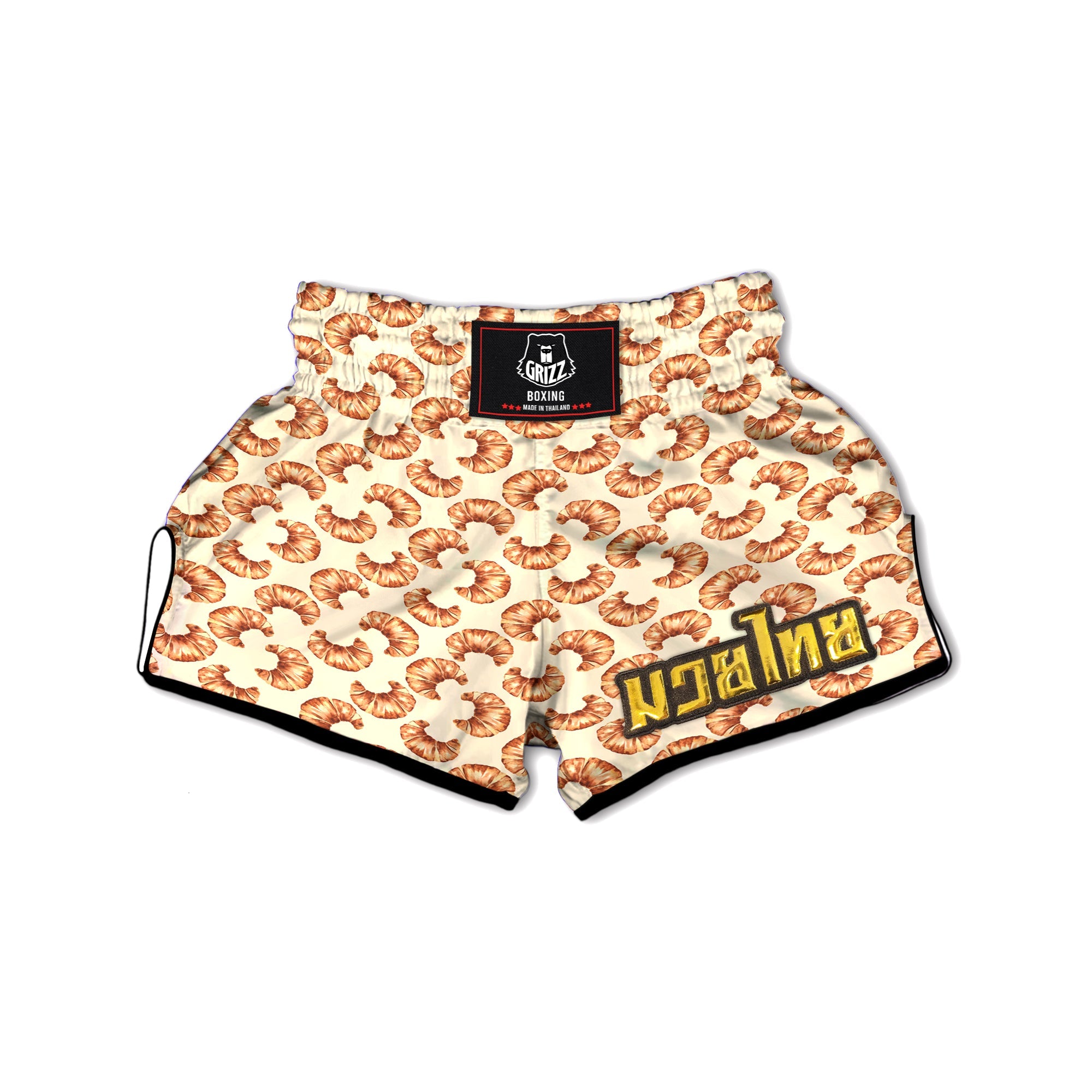 Beige Croissant Watercolor Print Pattern Muay Thai Boxing Shorts-grizzshop