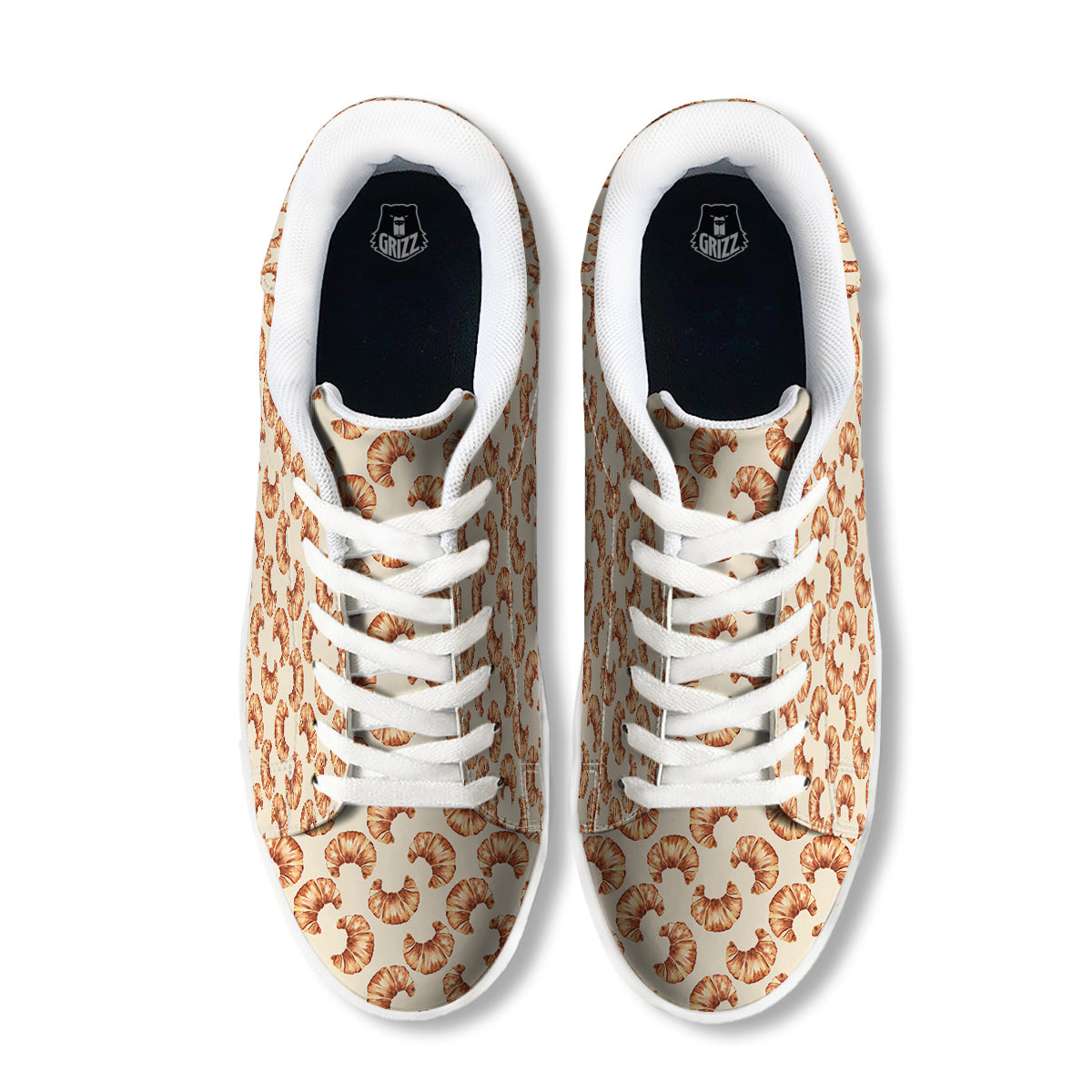 Beige Croissant Watercolor Print Pattern White Low Top Sneakers-grizzshop